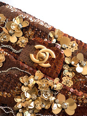 CHANEL 26S FLORAL SEQUIN CLASSIC FLAP 21 IN BROWN BRONZE SEQUIN GOLD HARDWARE