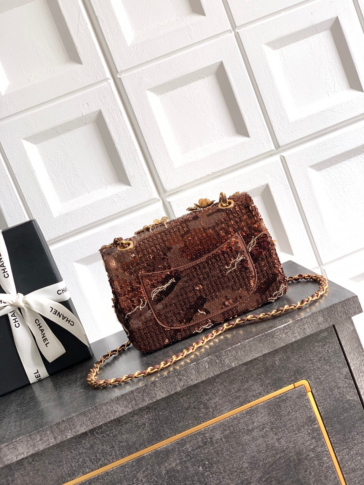 CHANEL 26S FLORAL SEQUIN CLASSIC FLAP 21 IN BROWN BRONZE SEQUIN GOLD HARDWARE