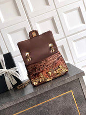 CHANEL 26S FLORAL SEQUIN CLASSIC FLAP 21 IN BROWN BRONZE SEQUIN GOLD HARDWARE