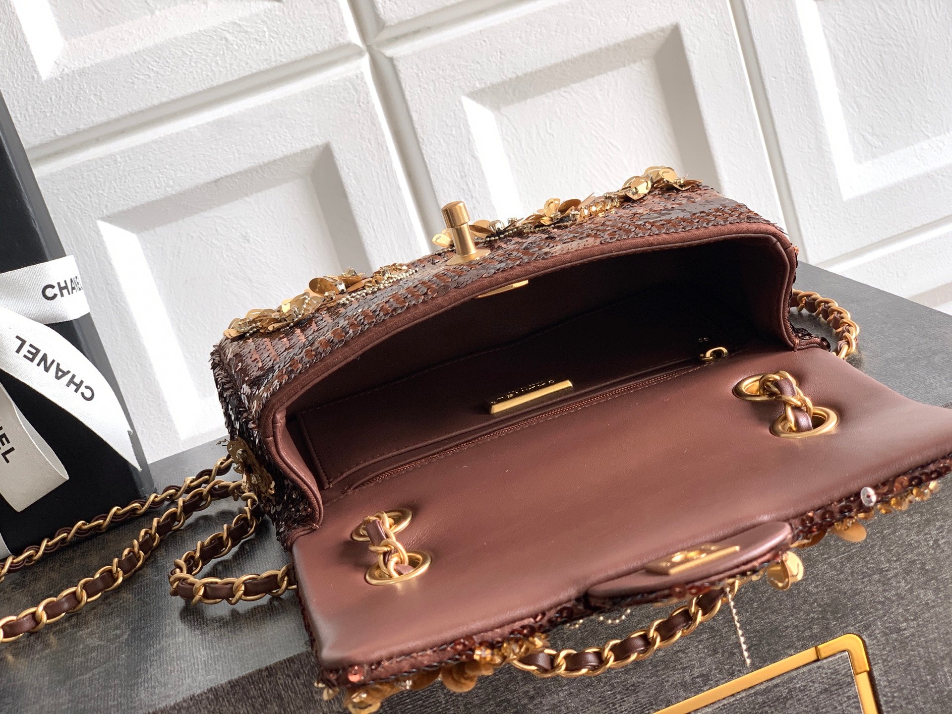 CHANEL 26S FLORAL SEQUIN CLASSIC FLAP 21 IN BROWN BRONZE SEQUIN GOLD HARDWARE