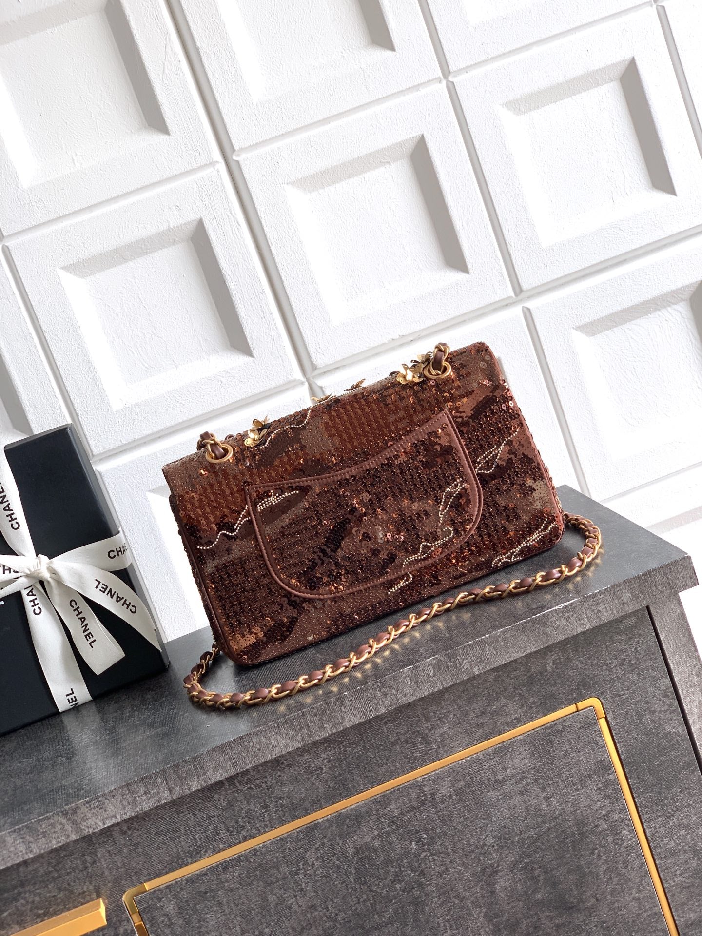 CHANEL 26S CLASSIC FLAP 25 IN BROWN BRONZE SEQUIN GOLD HARDWARE
