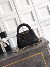 CHANEL 26S TOP HANDLE BAG 19 IN BLACK RAFFIA AND CALFSKIN GOLD HARDWARE