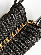 CHANEL 26S TOP HANDLE BAG 19 IN BLACK RAFFIA AND CALFSKIN GOLD HARDWARE