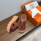 HM 26S H CUT PLATFORM SLIDES IN DARK BROWN SUEDE CORK SOLE