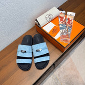 HM 26S KELLY BUCKLE DOUBLE STRAP SANDALS IN LIGHT BLUE SUEDE SILVER HARDWARE