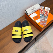 HM 26S KELLY BUCKLE DOUBLE STRAP SANDALS IN YELLOW CALFSKIN