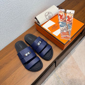 HM 26S KELLY BUCKLE DOUBLE STRAP SANDALS IN DARK BLUE CALFSKIN