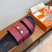 HM 26S KELLY BUCKLE DOUBLE STRAP SANDALS IN BURGUNDY RED CALFSKIN
