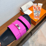 HM 26S KELLY BUCKLE DOUBLE STRAP SANDALS IN FUCHSIA PINK CALFSKIN