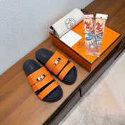 HM 26S KELLY BUCKLE DOUBLE STRAP SANDALS IN ORANGE CALFSKIN
