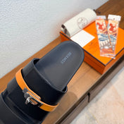 HM 26S KELLY BUCKLE DOUBLE STRAP SANDALS IN BLACK AND ORANGE CALFSKIN
