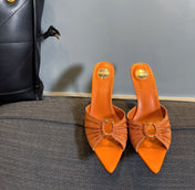 LOLA HIGH MULES IN TANGELO ORANGE SMOOTH LAMBSKIN AND DRAPED JERSEY