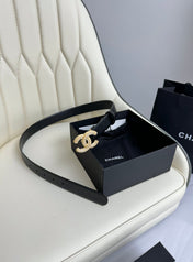 CC BELT 30MM IN BLACK SMOOTH CALFSKIN GOLD HARDWARE ATTACH PEARLS