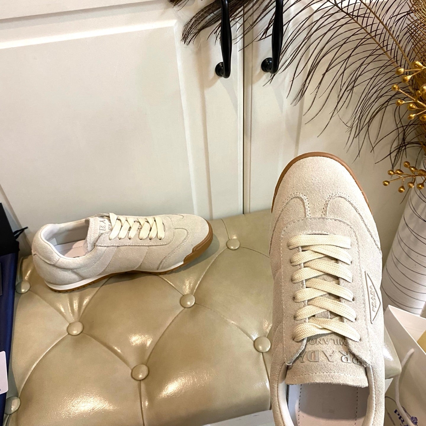 PRADA 26S LACE UP SNEAKERS IN BEIGE SUEDE
