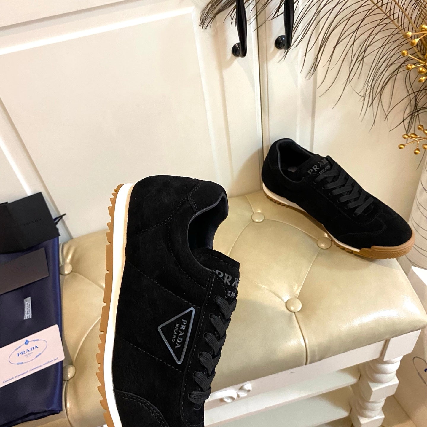 PRADA 26S LACE UP SNEAKERS IN BLACK SUEDE