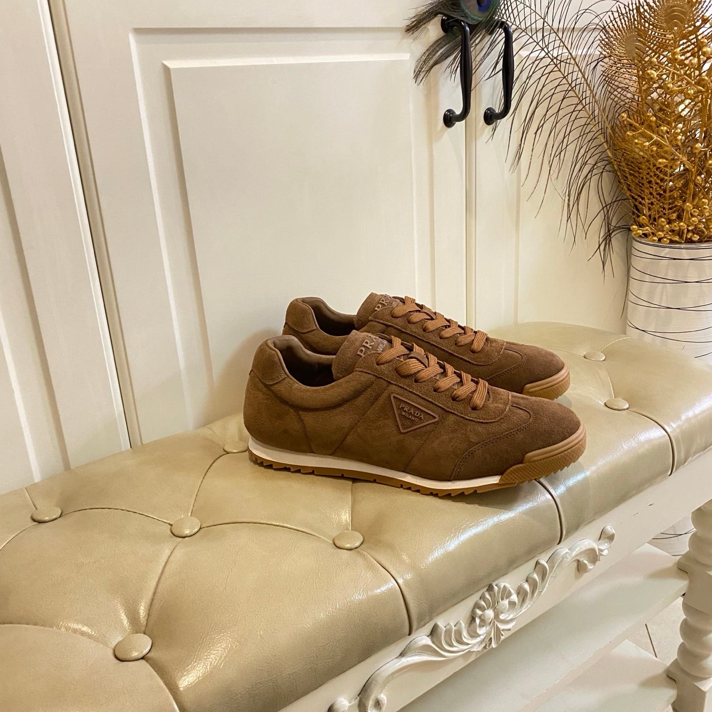 PRADA 26S LACE UP SNEAKERS IN CARAMEL BROWN SUEDE