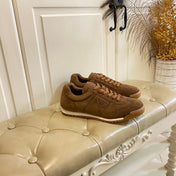 PRADA 26S LACE UP SNEAKERS IN CARAMEL BROWN SUEDE