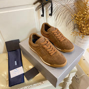 PRADA 26S LACE UP SNEAKERS IN CARAMEL BROWN SUEDE