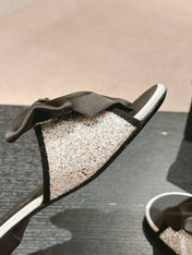 BOW LADY SLIPPERS BLACK LAMBSKIN WITH WHITE RHINESTONES