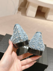 BALLET FLATS IN LIGHT BLUE DENIM AND BLACK SATIN