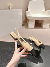 SLINGBACKS IN BEIGE CREAM LAMBSKIN AND BLACK SATIN