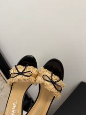 SAND YELLOW GROSGRAIN CANVAS BOW MULE SANDALS 90 MM