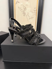 BLACK GROSGRAIN CANVAS BOW SLINGBACK SANDALS