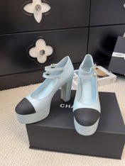 FLATFORM SANDAL IN LIGHT BLUE CALFSKIN AND BLACK FABRIC