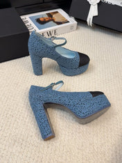 FLATFORM SANDAL IN AEGEAN BLUE TWEED AND BLACK FABRIC