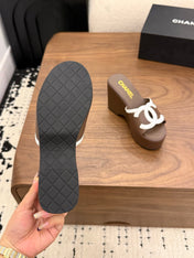 CHANEL 26S WEDGE SANDALS 95 MM IN DARK BROWN CALFSKIN