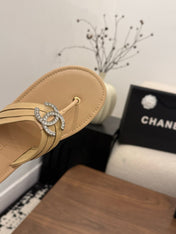 CHANEL 26S THONG SANDALS IN BEIGE CALFSKIN WITH RHINESTONE CC LOGO