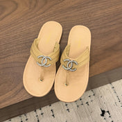 CHANEL 26S THONG SANDALS IN BEIGE CALFSKIN WITH RHINESTONE CC LOGO