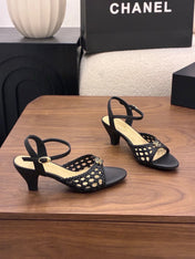 CHANEL 26S HIGH-HEELED BACK-STRAP SANDALS 60 MM IN BLACK WOVEN LAMBSKIN