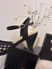 CHANEL 26S HIGH-HEELED BACK-STRAP SANDALS 60 MM IN BLACK WOVEN LAMBSKIN