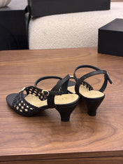 CHANEL 26S HIGH-HEELED BACK-STRAP SANDALS 60 MM IN BLACK WOVEN LAMBSKIN
