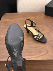 CHANEL 26S HIGH-HEELED BACK-STRAP SANDALS 60 MM IN BLACK WOVEN LAMBSKIN