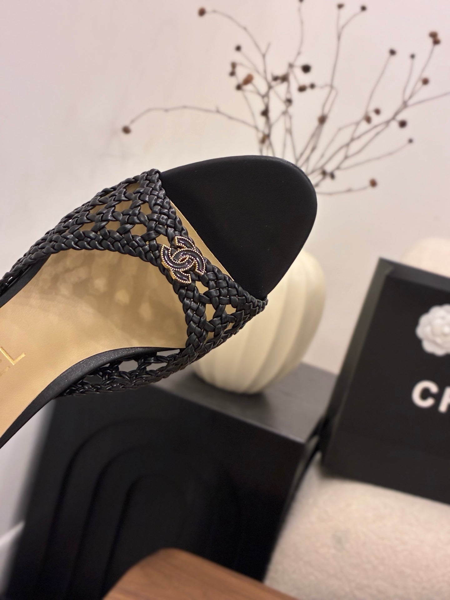 CHANEL 26S HIGH HEELS SANDALS 60 MM IN BLACK WOVEN LAMBSKIN