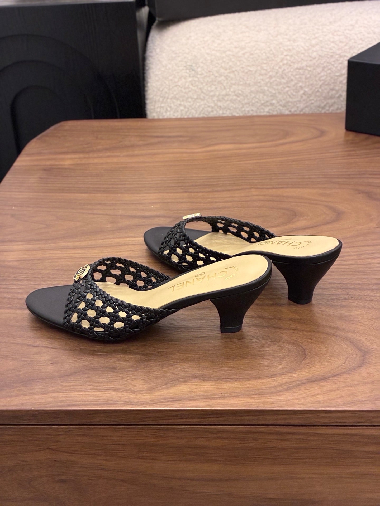 CHANEL 26S HIGH HEELS SANDALS 60 MM IN BLACK WOVEN LAMBSKIN