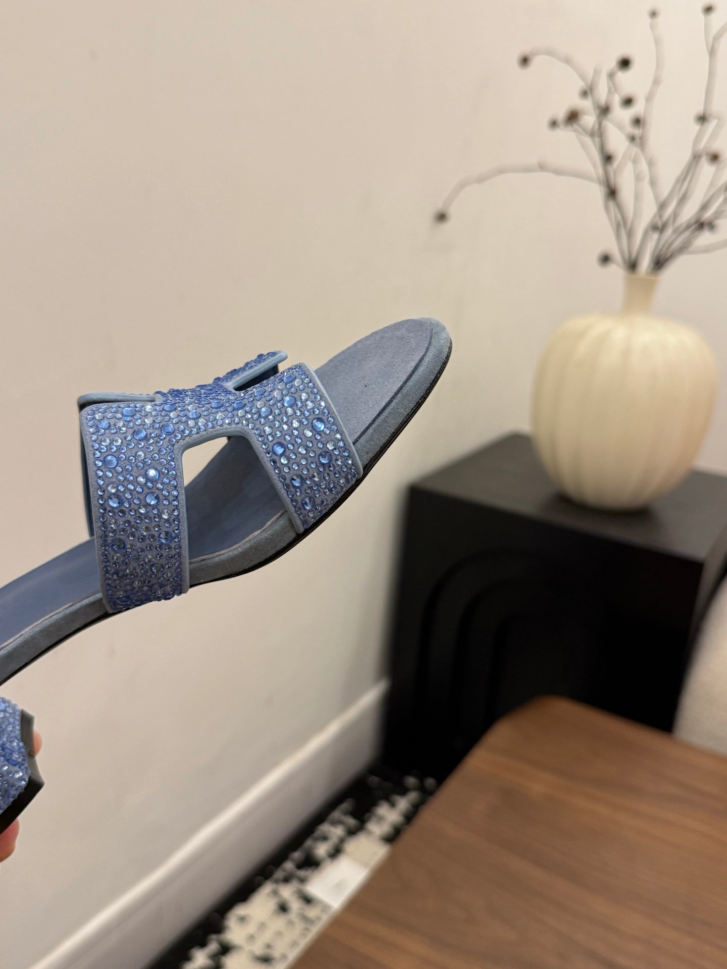 HM 26S OASIS SANDAL IN DUSTY BLUE SUEDE WITH CRYSTALS