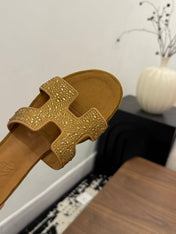 HM 26S OASIS SANDAL IN GOLDEN BROWN SUEDE WITH CRYSTALS