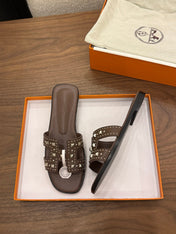 HM 26S ORAN STUDDED SANDALS IN DARK BROWN CALFSKIN