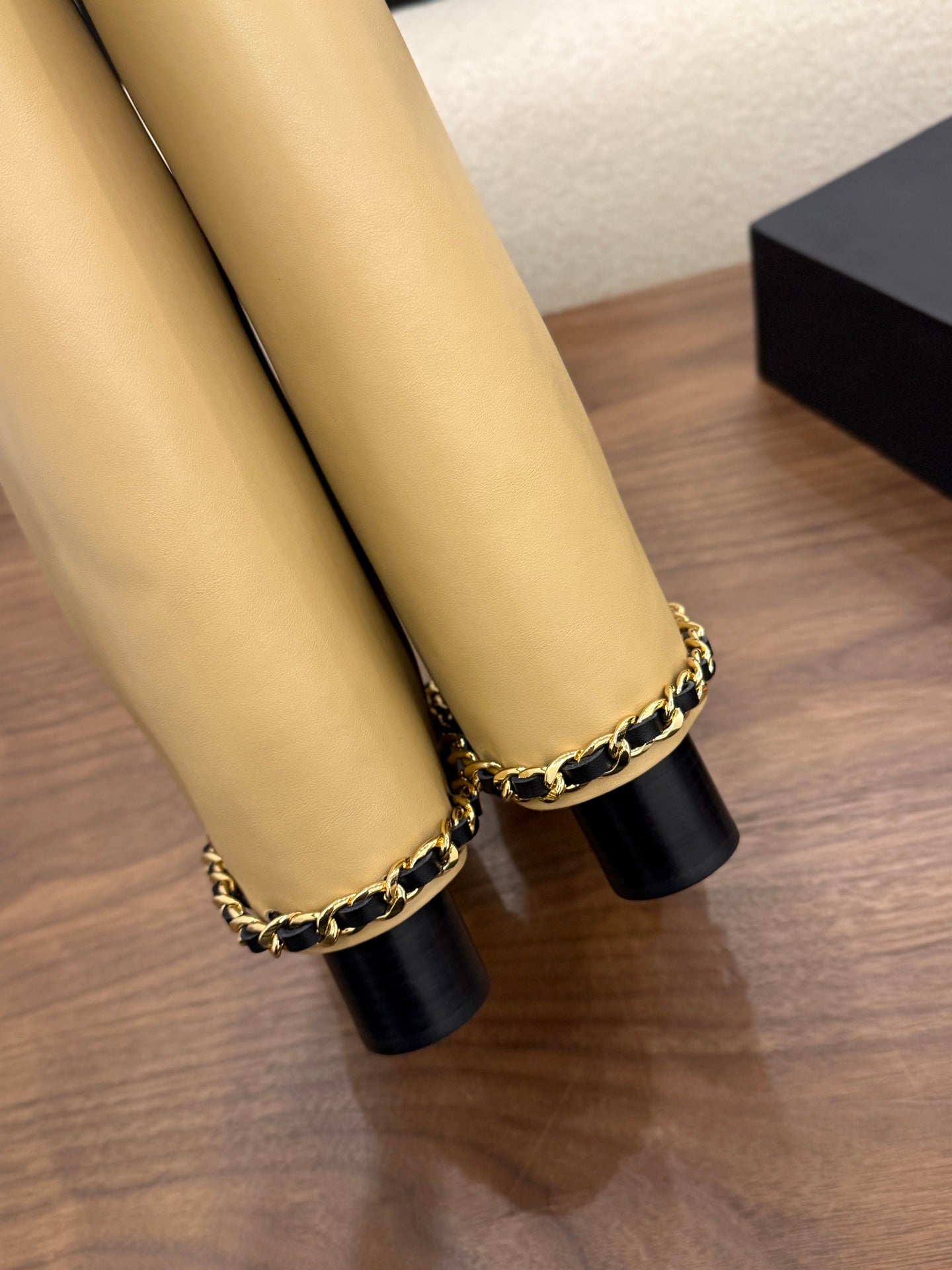 CHANEL 26S TALL BOOTS 60 MM IN BEIGE CALFSKIN TALL BOOTS WITH GOLD TONE CHAIN DETAIL