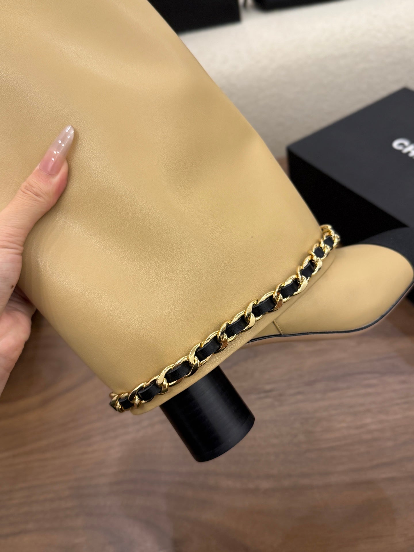 CHANEL 26S TALL BOOTS 60 MM IN BEIGE CALFSKIN TALL BOOTS WITH GOLD TONE CHAIN DETAIL