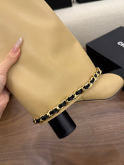 CHANEL 26S TALL BOOTS 60 MM IN BEIGE CALFSKIN TALL BOOTS WITH GOLD TONE CHAIN DETAIL