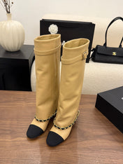 CHANEL 26S TALL BOOTS 60 MM IN BEIGE CALFSKIN TALL BOOTS WITH GOLD TONE CHAIN DETAIL