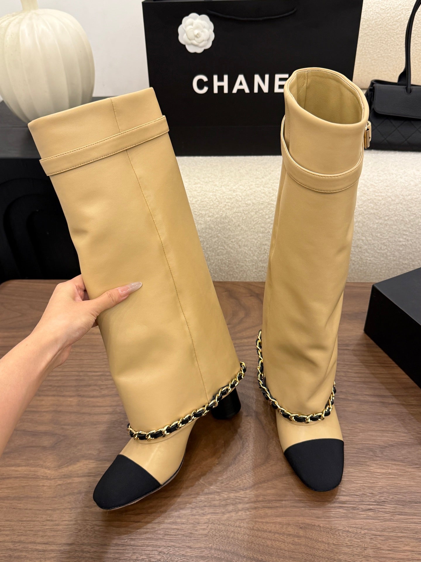 CHANEL 26S TALL BOOTS 60 MM IN BEIGE CALFSKIN TALL BOOTS WITH GOLD TONE CHAIN DETAIL