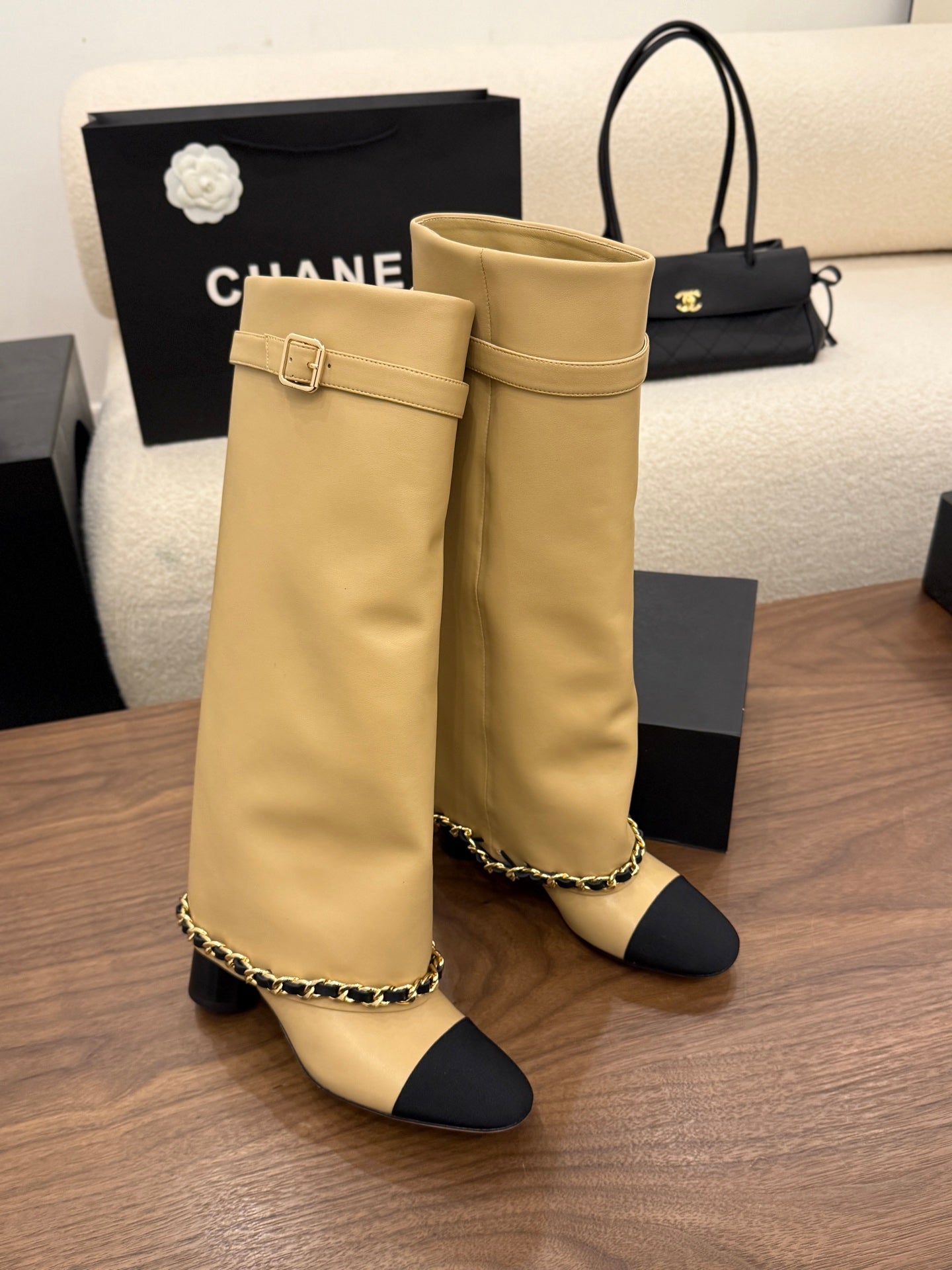 CHANEL 26S TALL BOOTS 60 MM IN BEIGE CALFSKIN TALL BOOTS WITH GOLD TONE CHAIN DETAIL