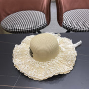 CHANEL 26S LACE-OVERLAY WIDE-BRIM STRAW HAT 335731