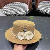 CHANEL 26S PEARL & ROSETTE STRAW BOATER HAT 337932