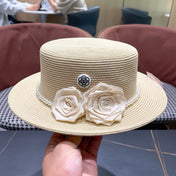 CHANEL 26S PEARL & ROSETTE STRAW BOATER HAT 337933